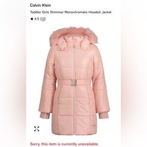 Calvin Klein faux fur hooded Blush Pink Puffer w/Belt Coat - EUC Like New